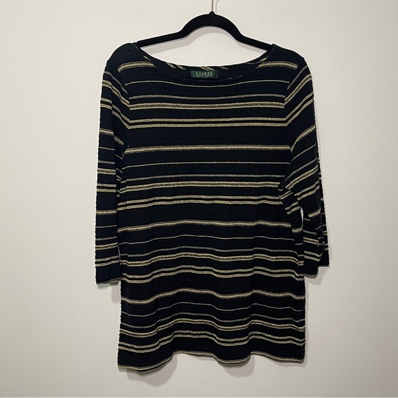 Lauren Ralph Lauren women’s Black and gold striped and metallic thread top in 1X - Picture 1 of 6
